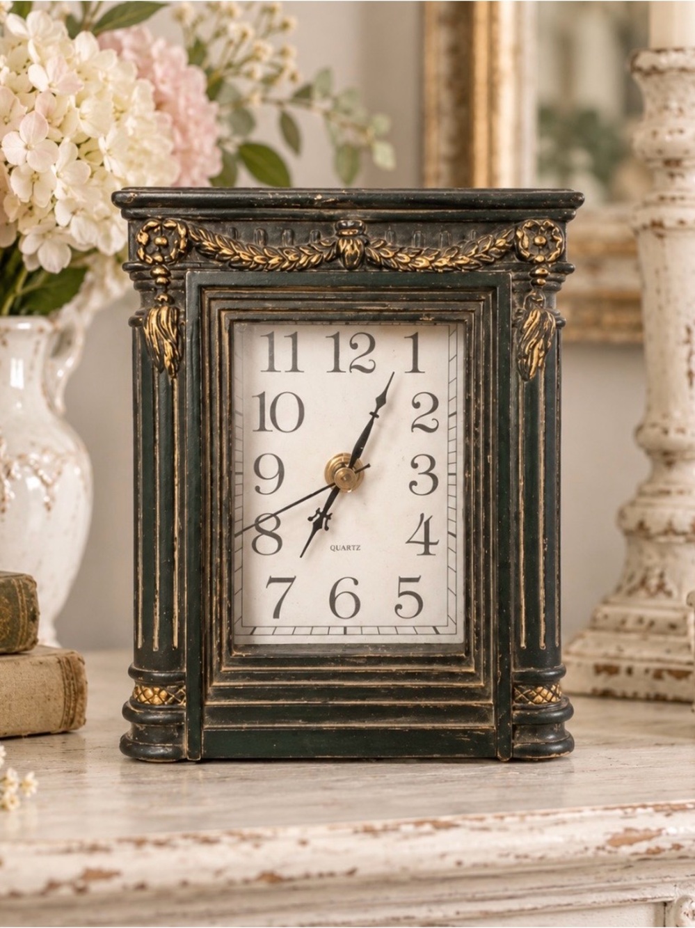 Vintage Hunter Green Gold Neoclassical Mantel Clock